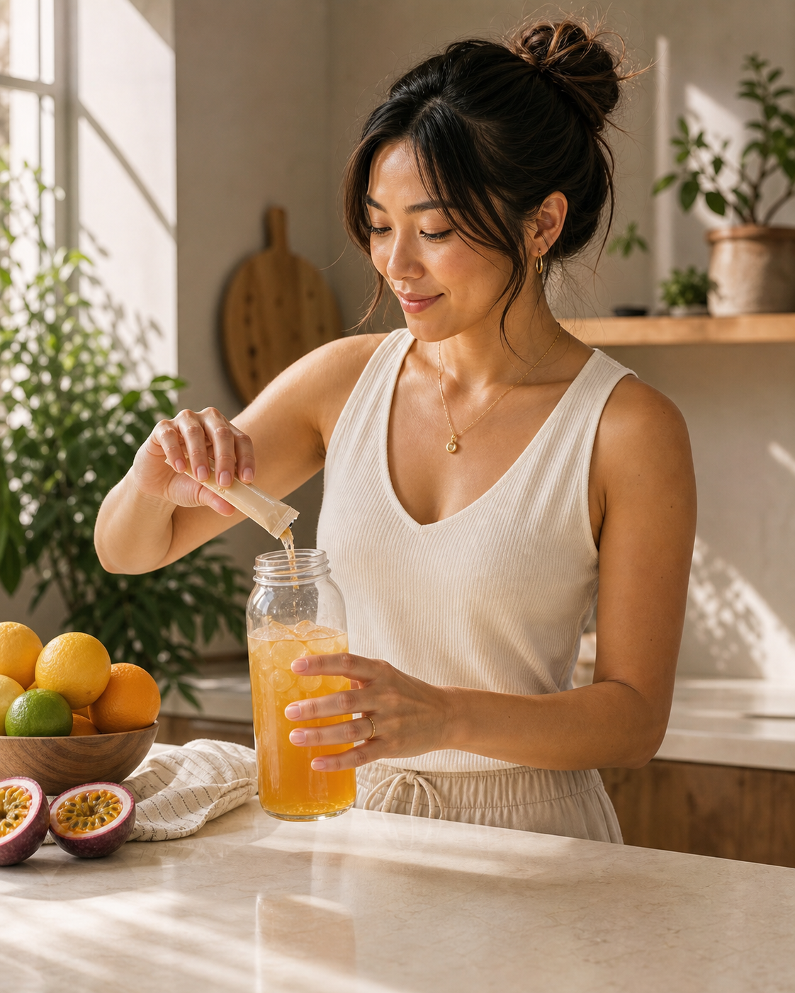 Woman preparing passionfruit iced tea in a sunlit kitchen
