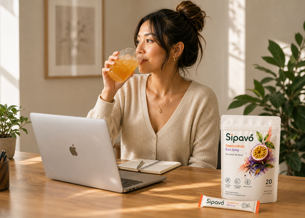 Woman enjoying Sipavó Passionfruit Earl Grey at her desk