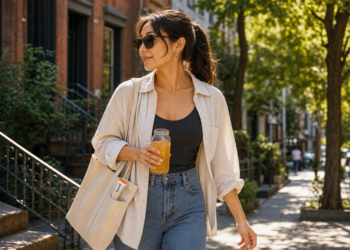 Woman carrying Sipavó electrolyte sticks and an iced tea bottle